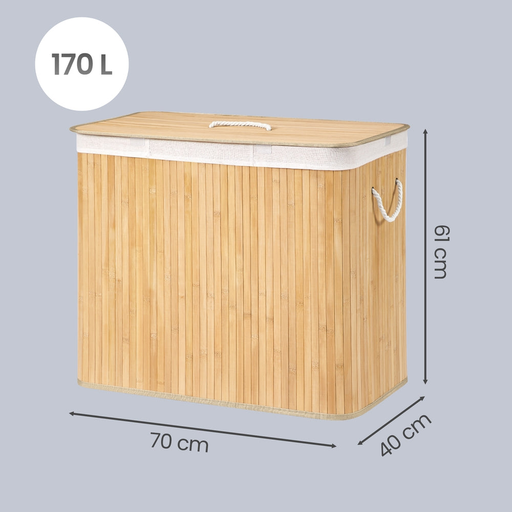 Wasmand met deksel, 3 vakken, 170 liter | Naturel | 40x70x61 cm