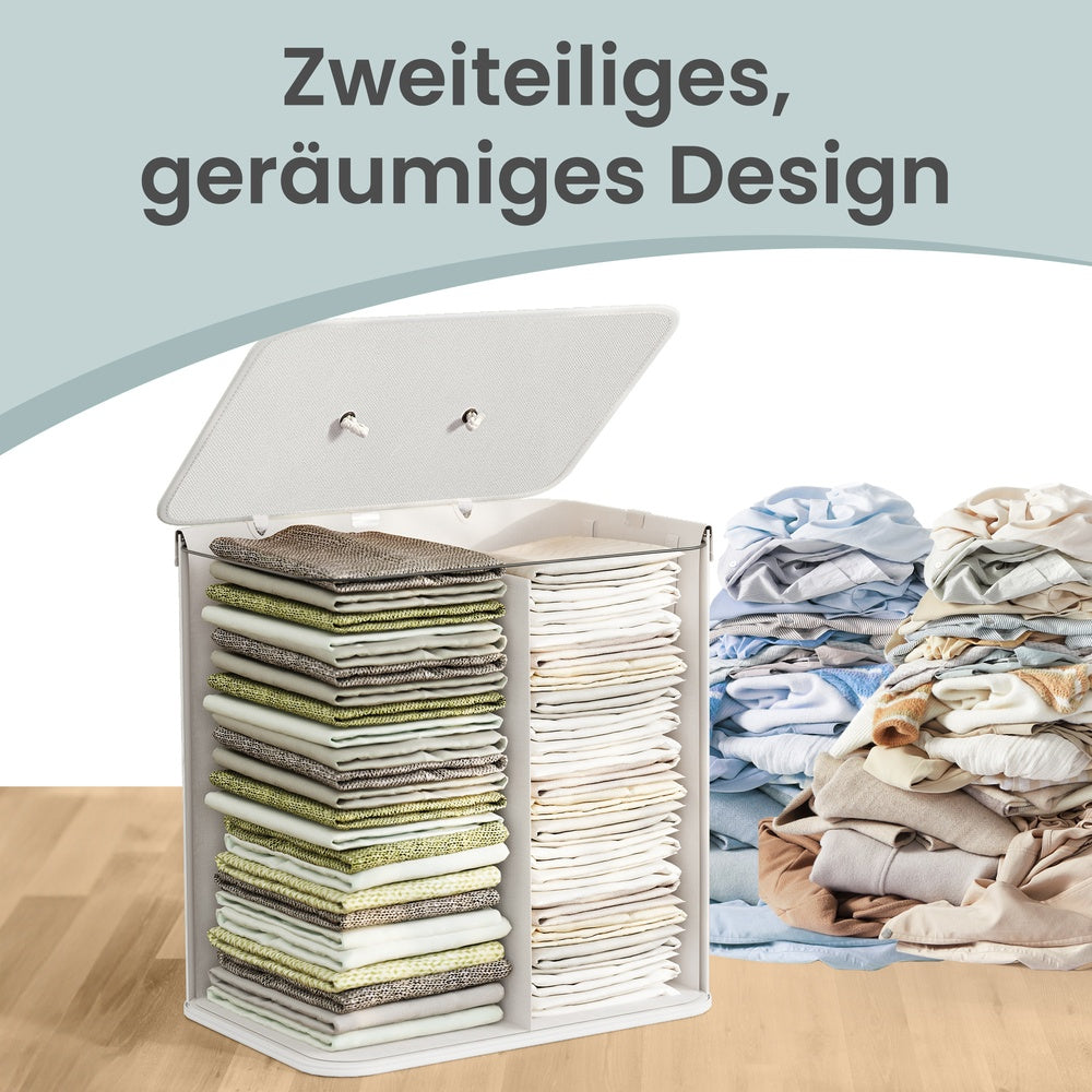 Wasmand met deksel 2 vakken 120 liter | Wit | 50x40x61 cm