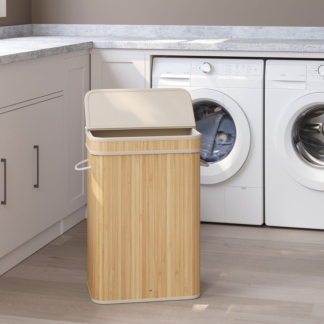 Wasmand - opbergmand - stevig bamboeframe - 31,5 x 42,5 x 61 cm - beige