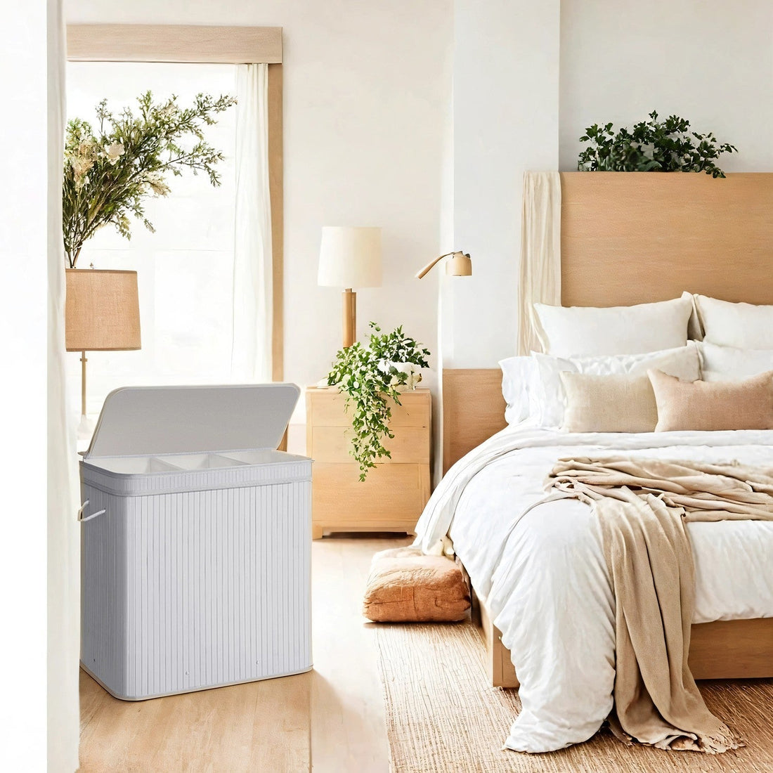 Witte bamboe wasmand met deksel - wasgoedmand - 54,5 x 34,5 x 61 cm