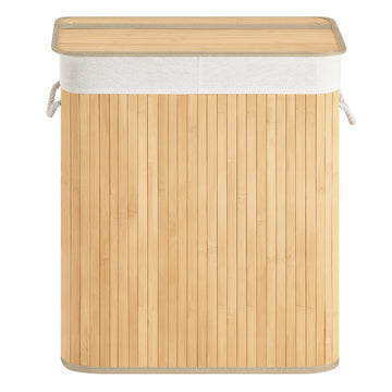Wasmand met 2 vakken, 100 l met deksel van bamboe | Naturel | 32x52x61 cm