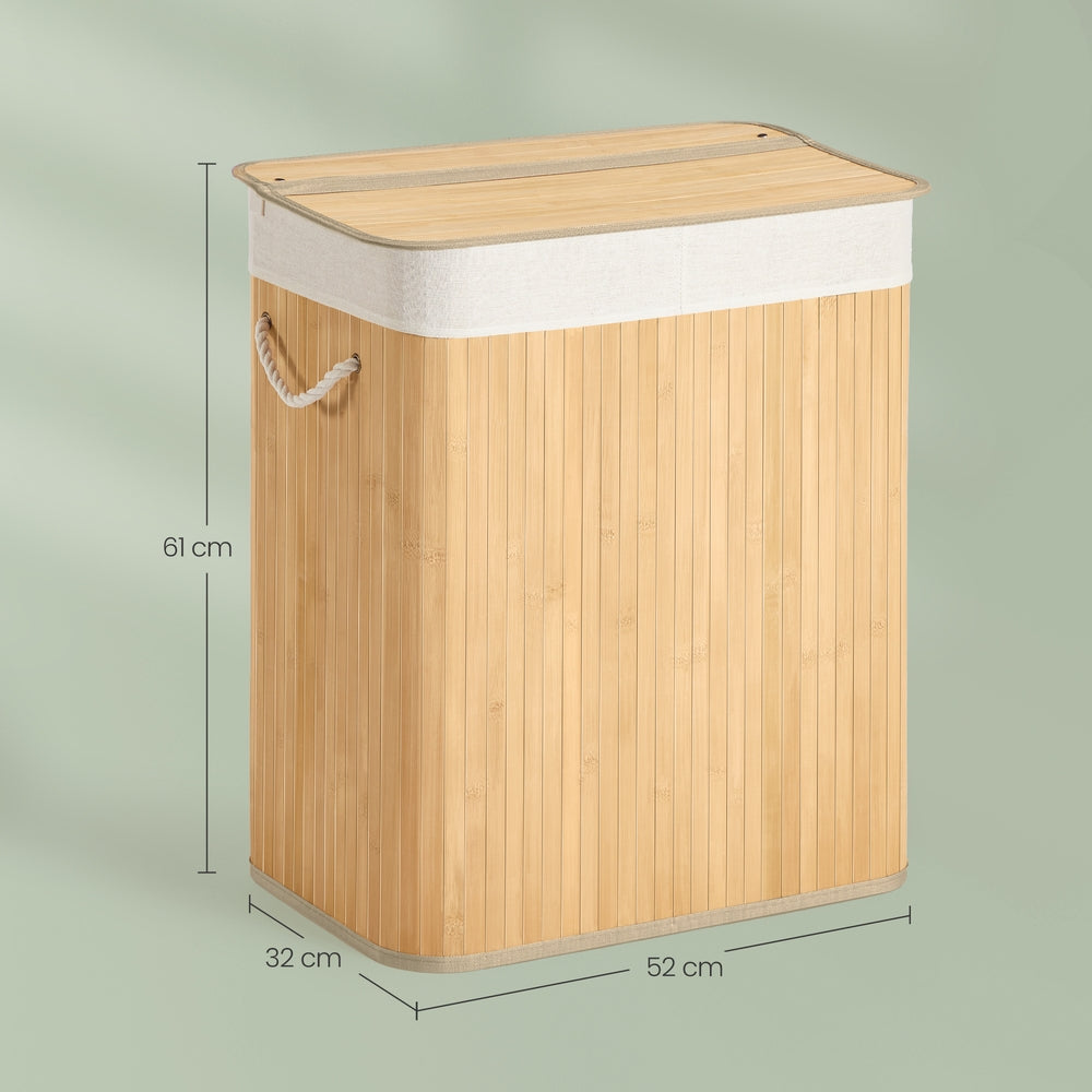 Wasmand met 2 vakken, 100 l met deksel van bamboe | Naturel | 32x52x61 cm