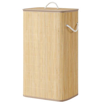 Wasmand met deksel 90 l van bamboe | Natuurlijk | 40x32x70 cm