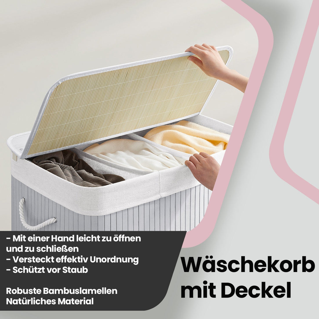 Wäschekorb Bambus 150L - Wäschekorb mit 3 Fächern - 60 x 40 x 61,5 cm