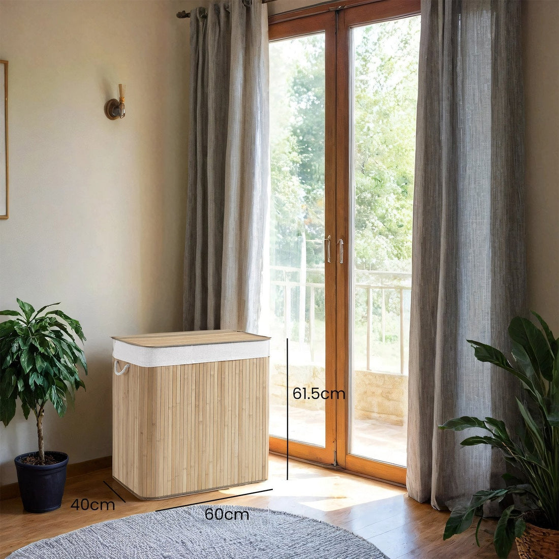 Wasmand met 3 vakken, bamboe, 150 liter, 60 x 40 x 61,5 cm