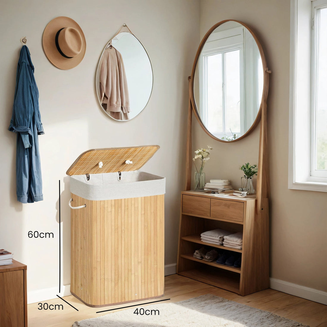 Wasmand met deksel, bamboe, 72 l, 40 x 60 x 30 cm