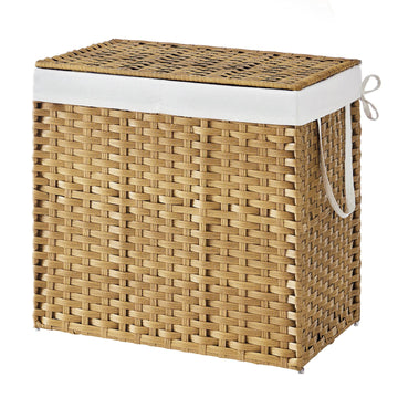 Wasmand met 2 vakken, opvouwbaar rotan met deksel | Naturel | 40x66x61 cm