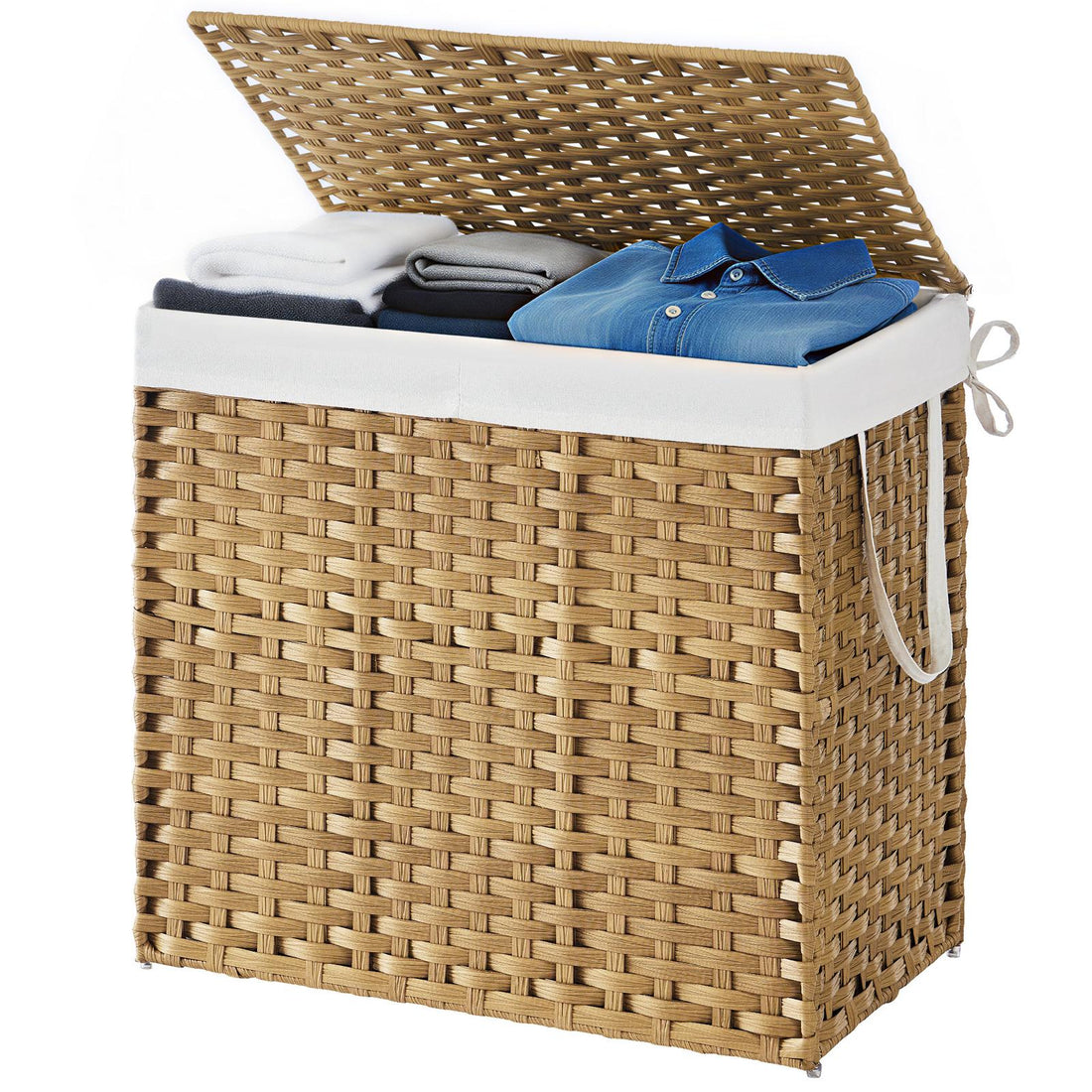 Wasmand met 2 vakken, opvouwbaar rotan met deksel | Naturel | 40x66x61 cm
