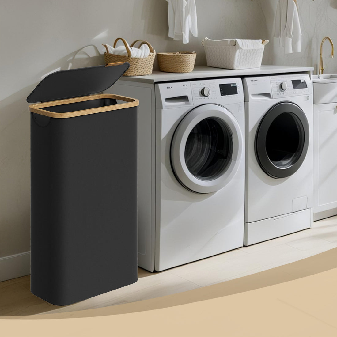 Tvättkorg med lock – Korg för kläder – 65 L – 42 x 22,5 x 70,5 cm – Bläcksvart