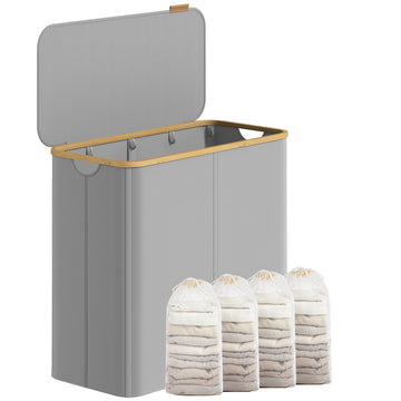 Opvouwbare wasmand met 4 vakken, deksel en bamboehandgrepen | Grijs | 38,5x78x70,5 cm