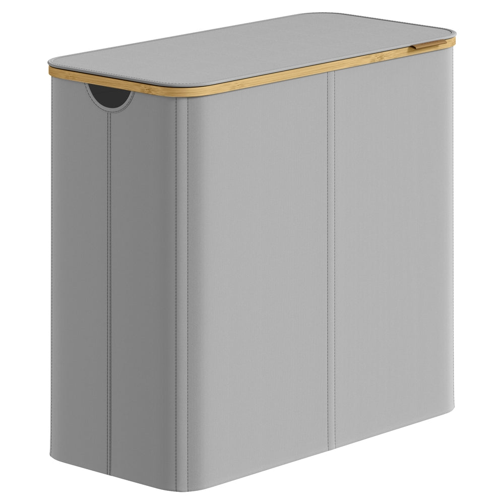 Opvouwbare wasmand met 4 vakken, deksel en bamboehandgrepen | Grijs | 38,5x78x70,5 cm