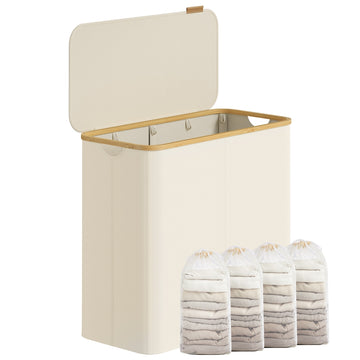Wasmand 4 vakken, opvouwbaar met deksel en bamboe handgrepen | Wit | 38,5x78x70,5 cm