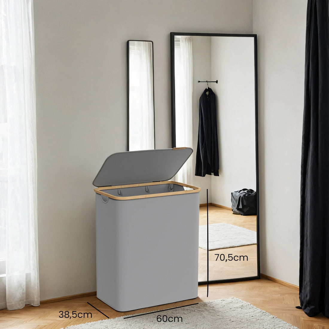 Wasmand met 3 vakken en deksel, 150 l, 60 x 38,5 x 70,5 cm