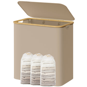 Wasmand 150 l met deksel en 3 vakken | Kamelbruin | 60x38,5x70,5 cm