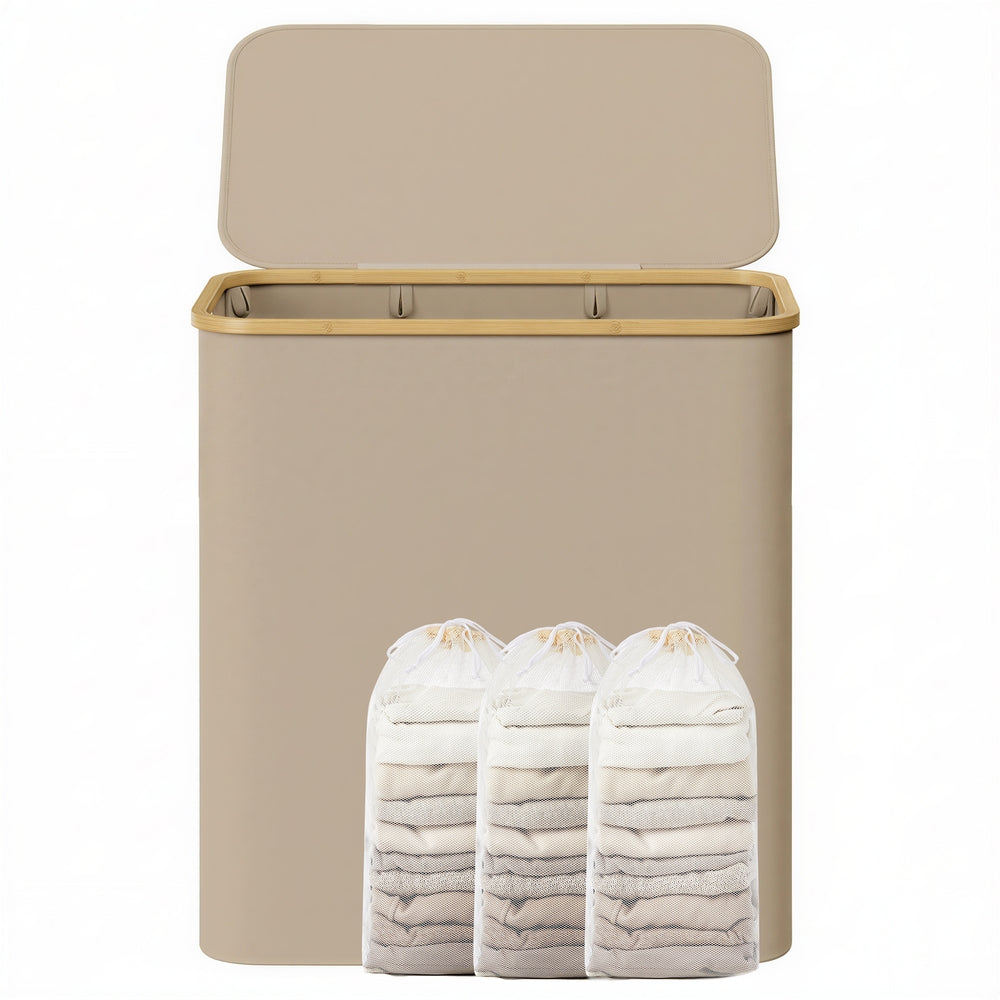 Wasmand 150 l met deksel en 3 vakken | Kamelbruin | 60x38,5x70,5 cm
