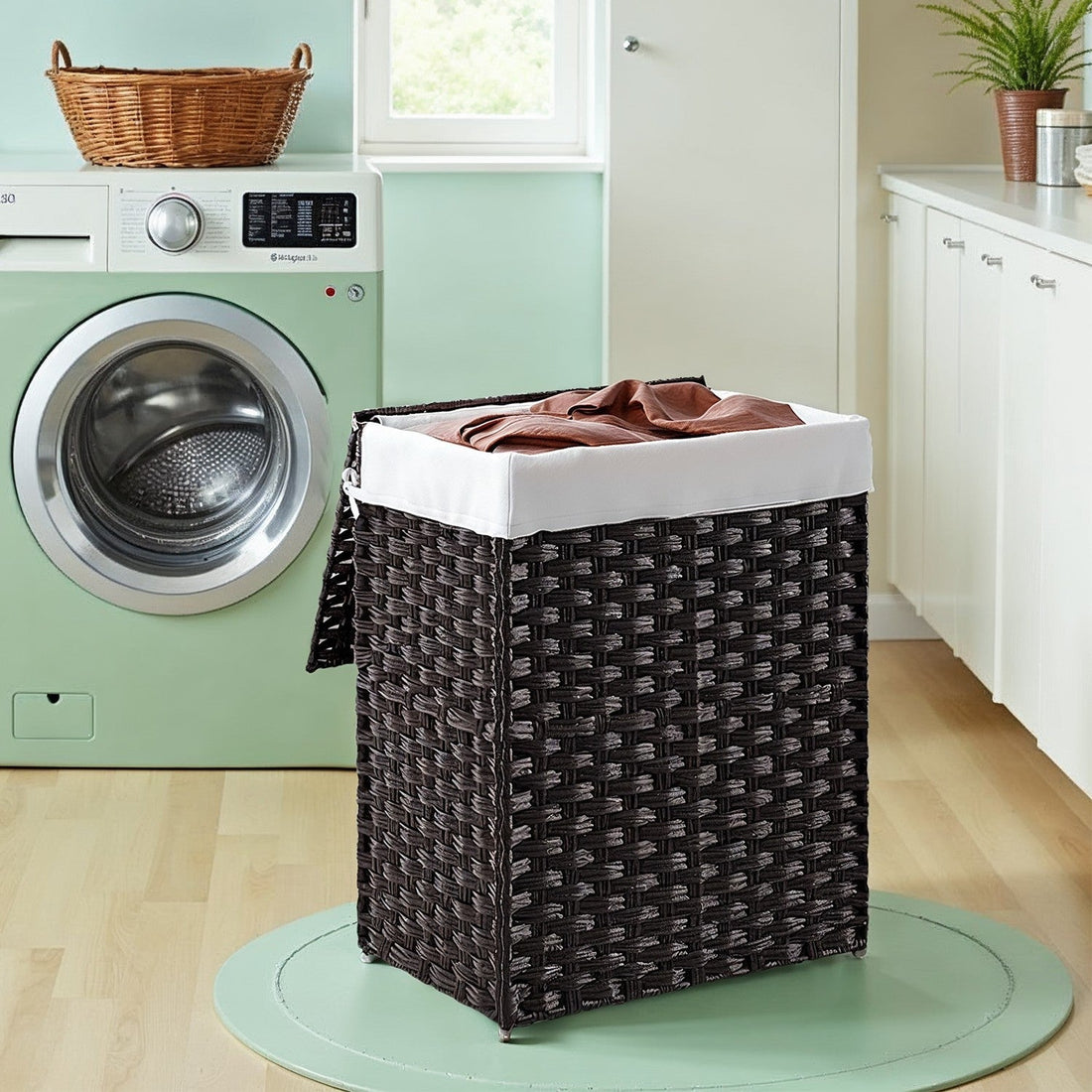 Schwarzer Wäschekorb, handgewebtes Rattan, wasserabweisend, 46 x 33 x 60 cm