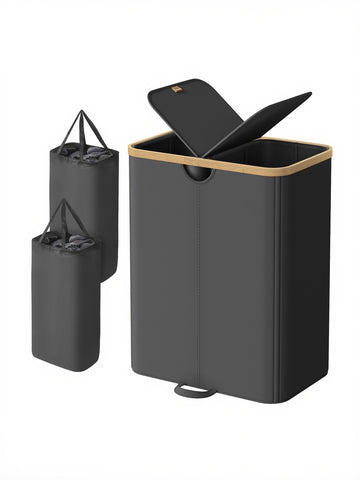 Wasbox met 2 vakken, uitneembare waszakken en deksel | Zwart-beige | 38,5x52x75 cm