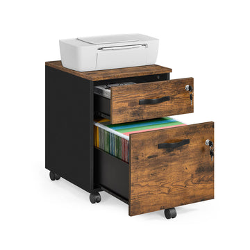 Rolcontainer met slot, 2 laden, MDF/spaanplaat, bruin/zwart, 43,8 x 40 x 54,4 cm