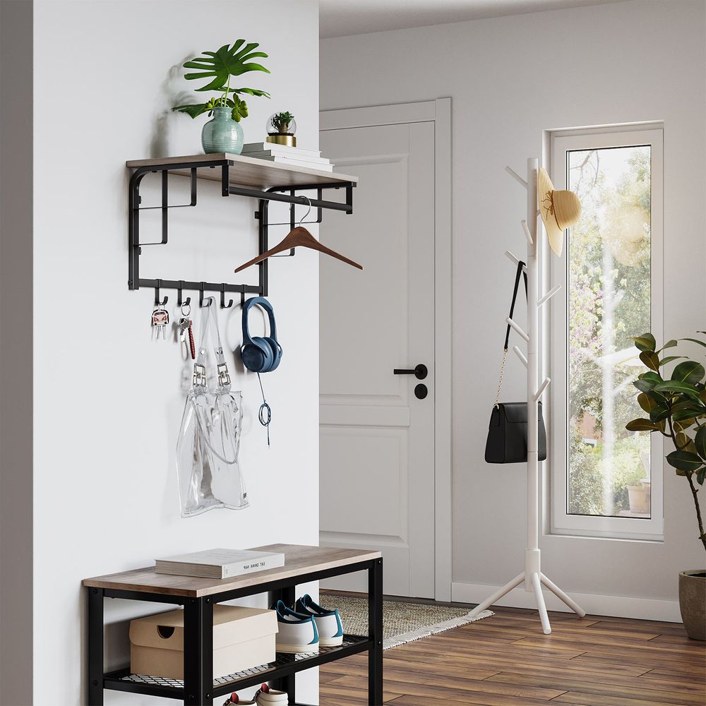 Wandgarderobe mit Ablage und 5 Haken - Spanplatte/Stahl - Greige/Schwarz - 66 x 30 x 27 cm