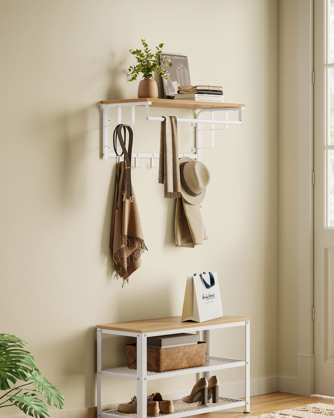 Wandgarderobe met 5 haken - kapstok - ruimtebesparend - 30x66x27 cm - bruin/wit
