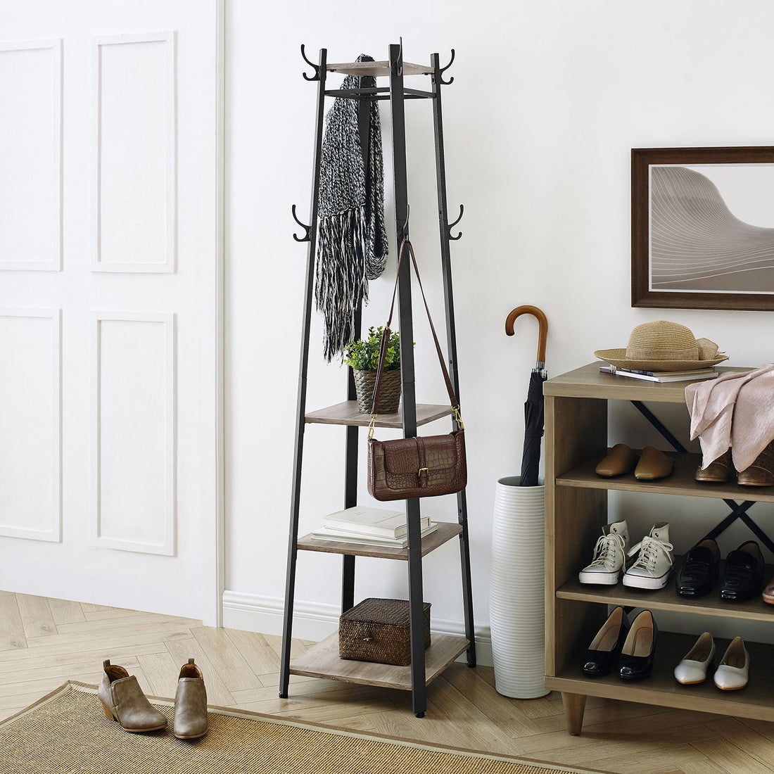 Garderobenständer braun-schwarz - Hutablage - Flur-Organizer - platzsparend - 43 x 43 x 180 cm
