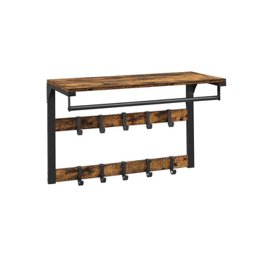 Wandkapstok met plank, 10 haken, spaanplaat/staal, vintage bruin-zwart, 65 x 30 x 42 cm