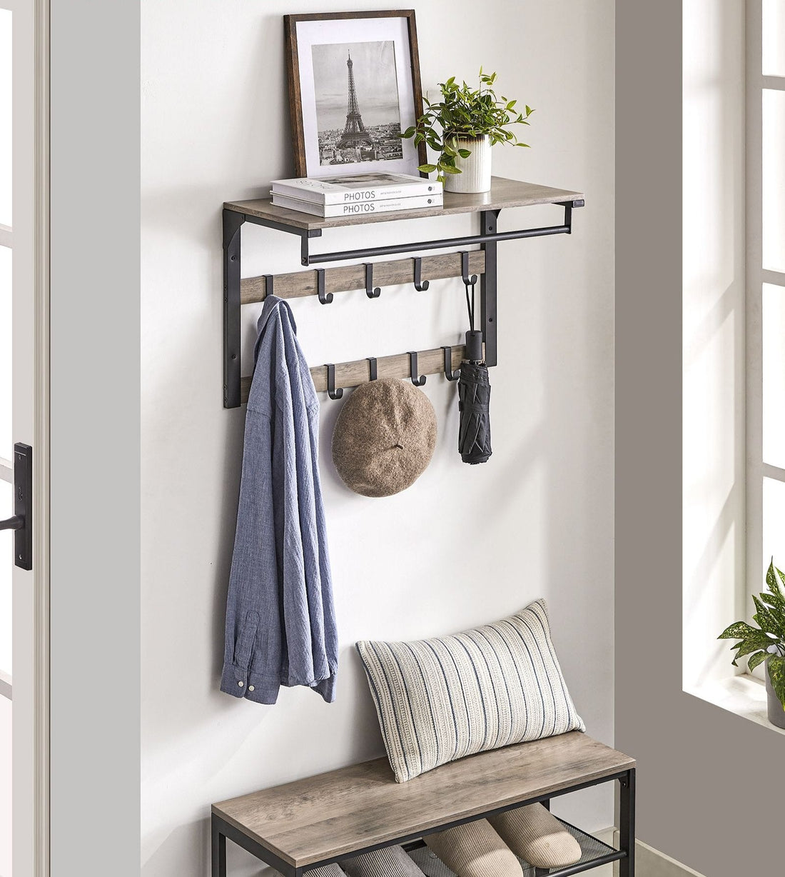 Wandgarderobe mit Kleiderstange - Spanplatte & Stahl - Greige Schwarz - 30 x 65 x 42 cm