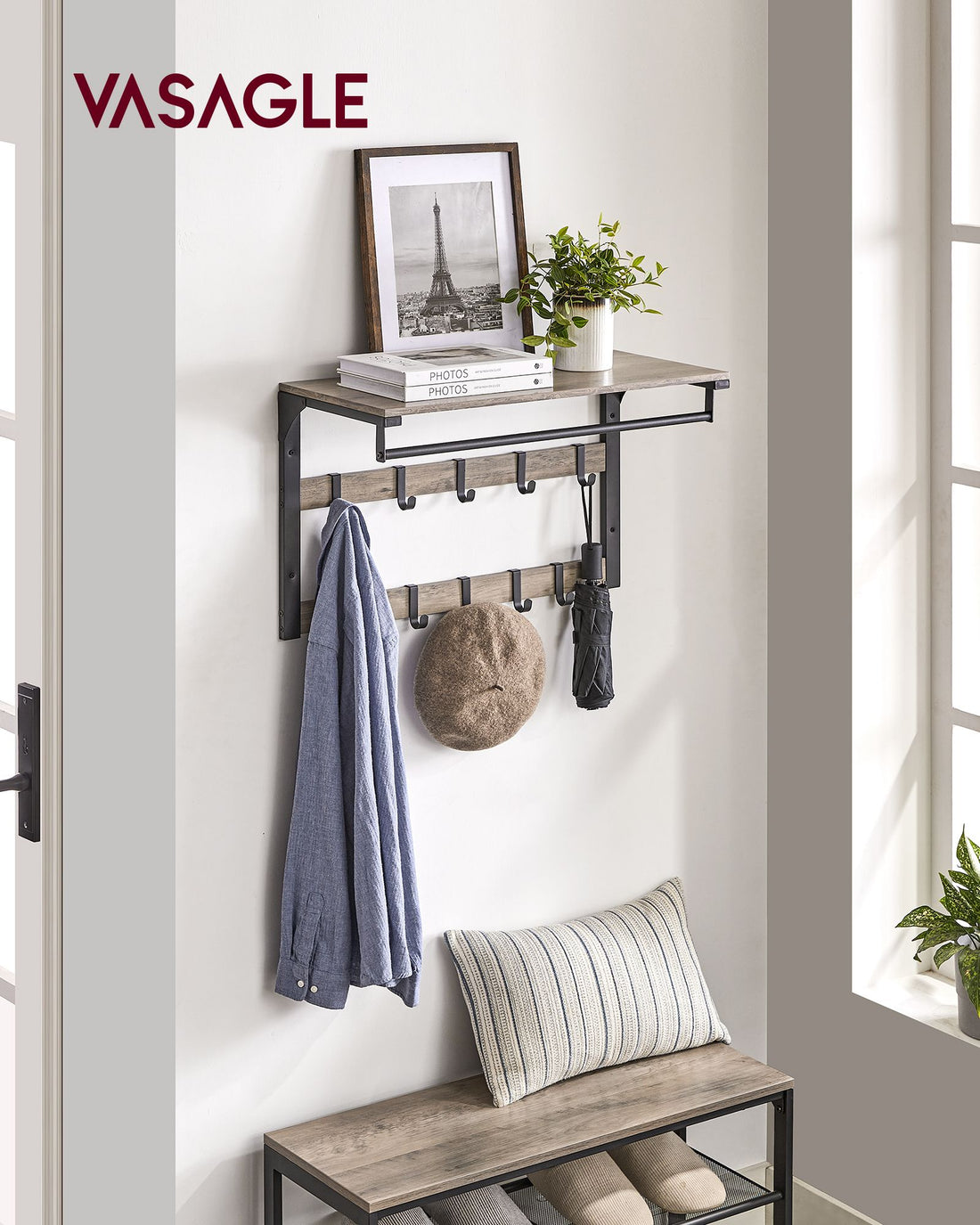 Wandgarderobe met kledingstang | Greige-Zwart | 65x30x42 cm