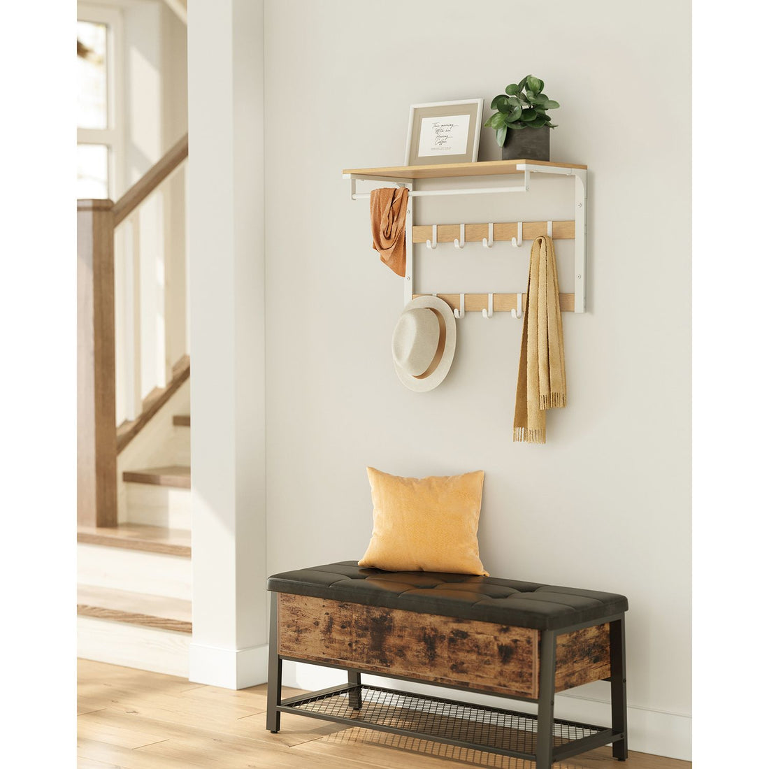 Wandgarderobe mit Ablage, 10 Haken, platzsparend, 30 x 65 x 42 cm, Braun-Weiß