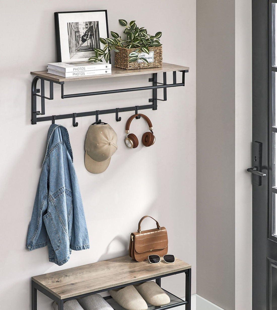 Wandgarderobe mit 5 Haken, 30 x 66 x 27 cm, grau-schwarz