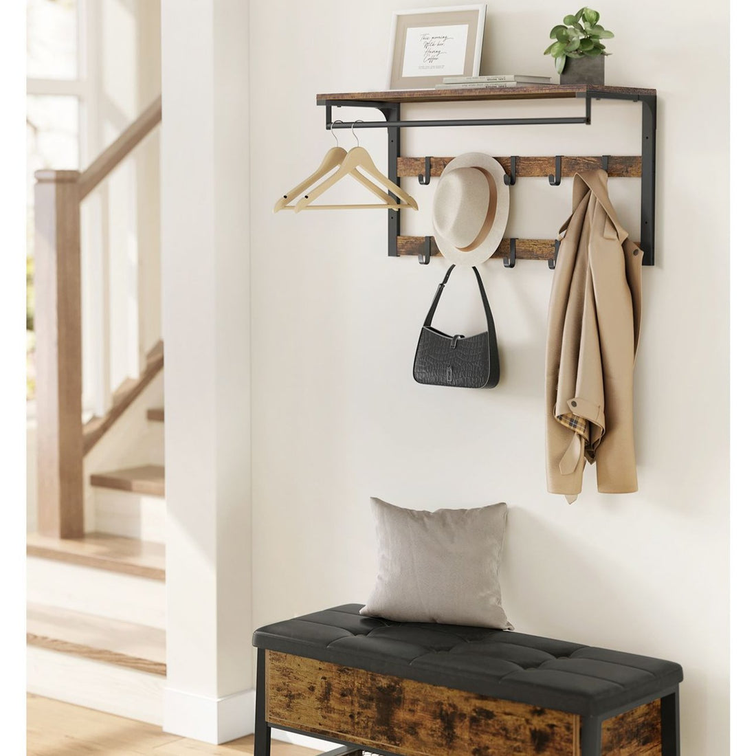 Wandgarderobe vintage braun-schwarz mit Ablage - Spanplatte und Stahl - 30 x 80 x 42 cm - 45 kg