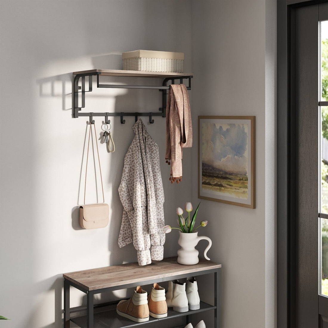 Vägghylla med hyllplan - väggställ - spånskiva - 66 x 30 x 27 cm