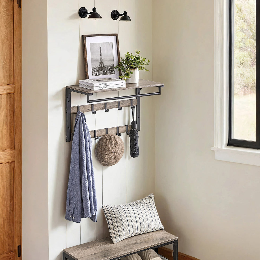 Wandgarderobe met plank - kapstok - 10 verwijderbare haken - ruimtebesparend - 30 x 65 x 42 cm