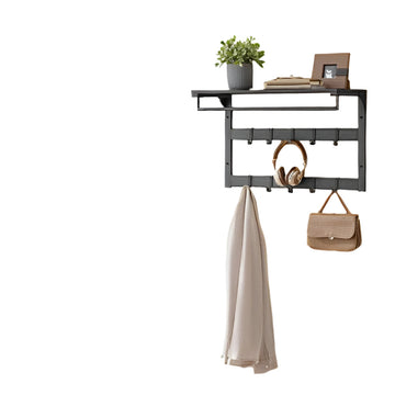 Wandgarderobe met plank, 10 verwijderbare haken, zwart, 30 x 65 x 42 cm