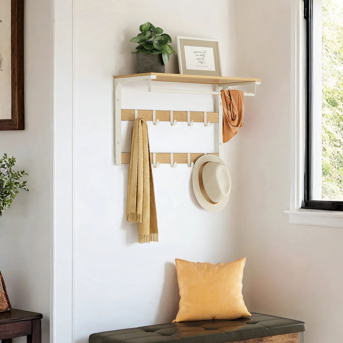 Wandkapstok met plank, 10 verwijderbare haken, ruimtebesparend, 30 x 65 x 42 cm