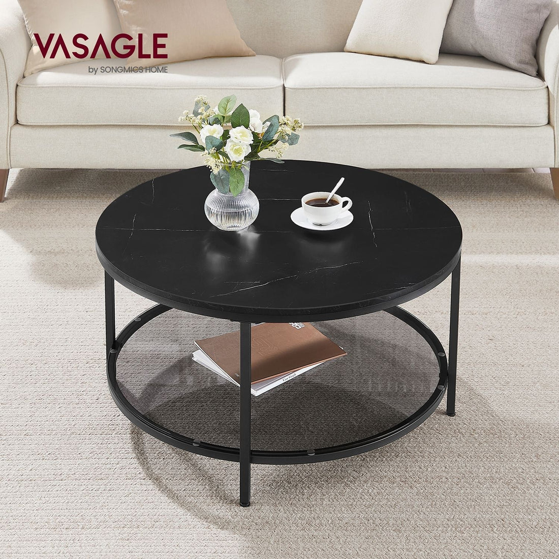 Schwarzer Couchtisch in Marmoroptik – gehärtetes Glas und Stahl – 80 x 46 cm – 30 kg