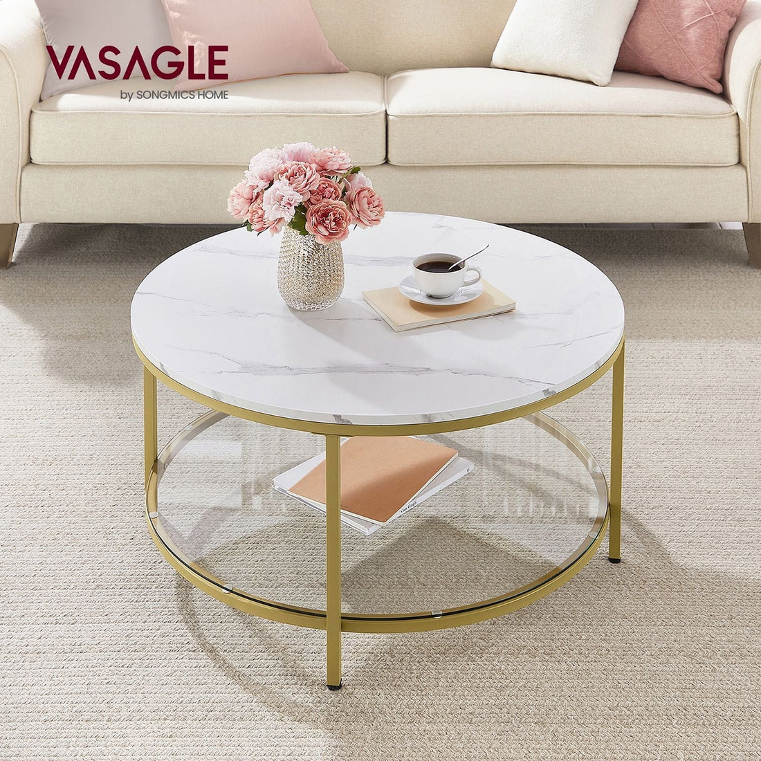Moderner Couchtisch marmorweiß-goldfarben - gehärtetes Glas und Stahl - 80 x 46 cm