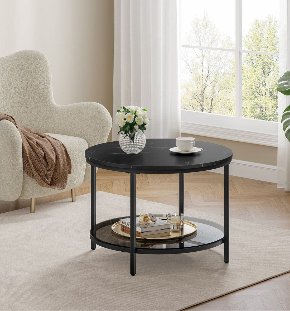 Couchtisch 2 Ebenen - Glas - Marmoroptik - Schwarz-Grau - 65 x 46 cm