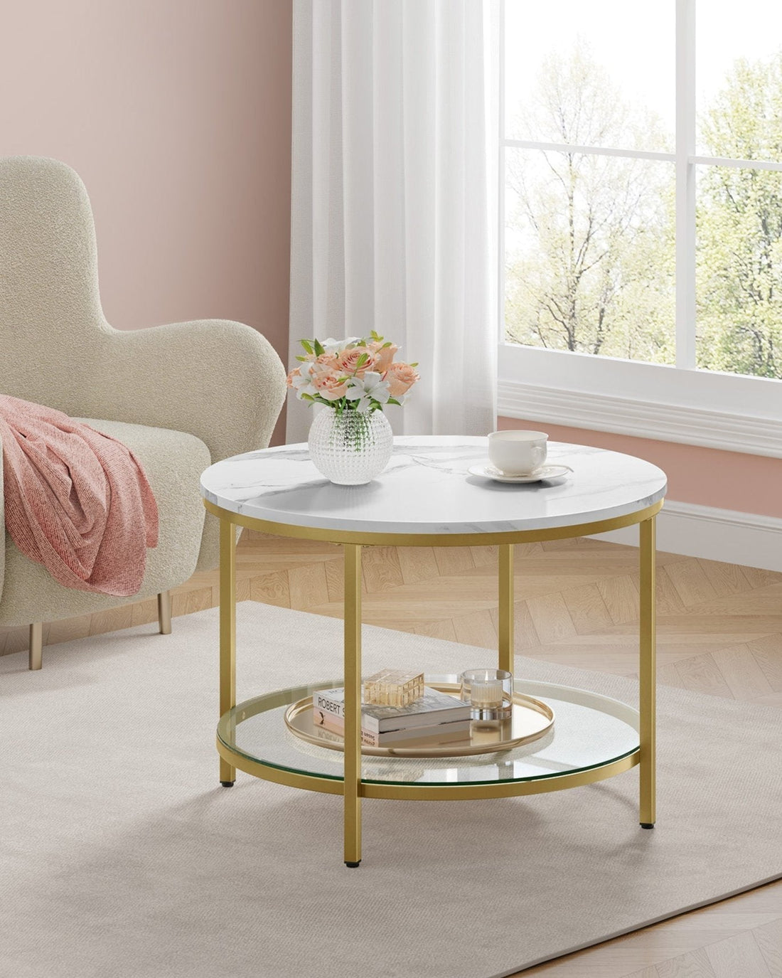 Couchtisch Marmor weiß-hellgolden – modern – Glas und Stahl – 65 x 46 x 73,5 cm