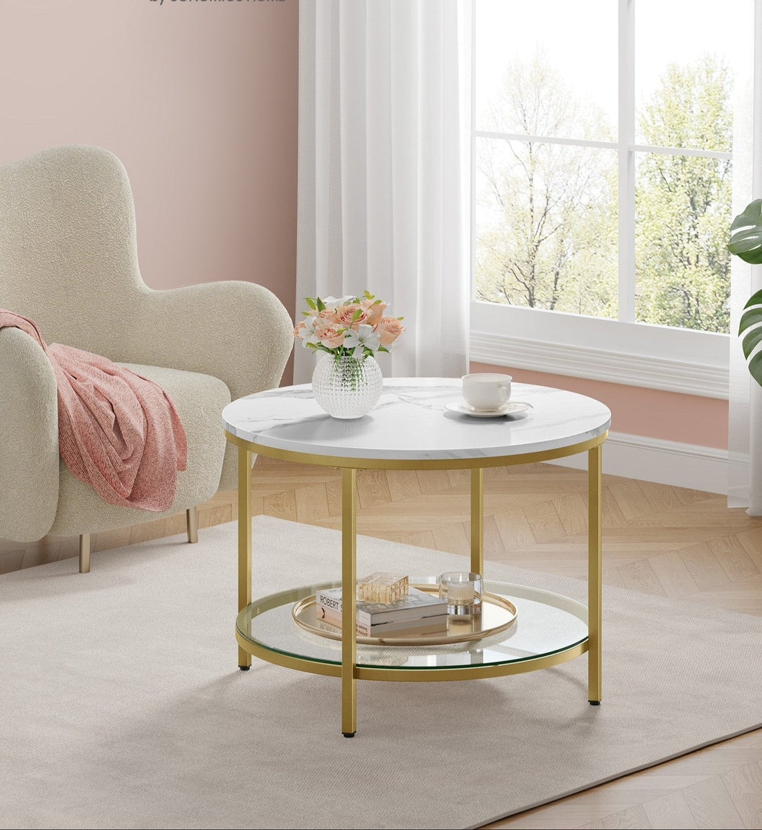 Zweistufiger Couchtisch - Glasplatte - Weiß - Elegantes Design - 65 x 46 cm