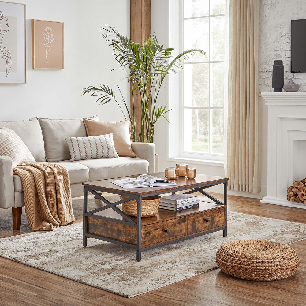 Salontafel met lades - modern - spaanplaat en staal - walnoot bruin-zwart - 100 x 55 x 45 cm