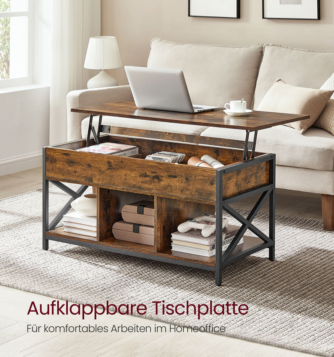 Justerbart soffbord brun-svart – spånskiva – 50 x 100 cm
