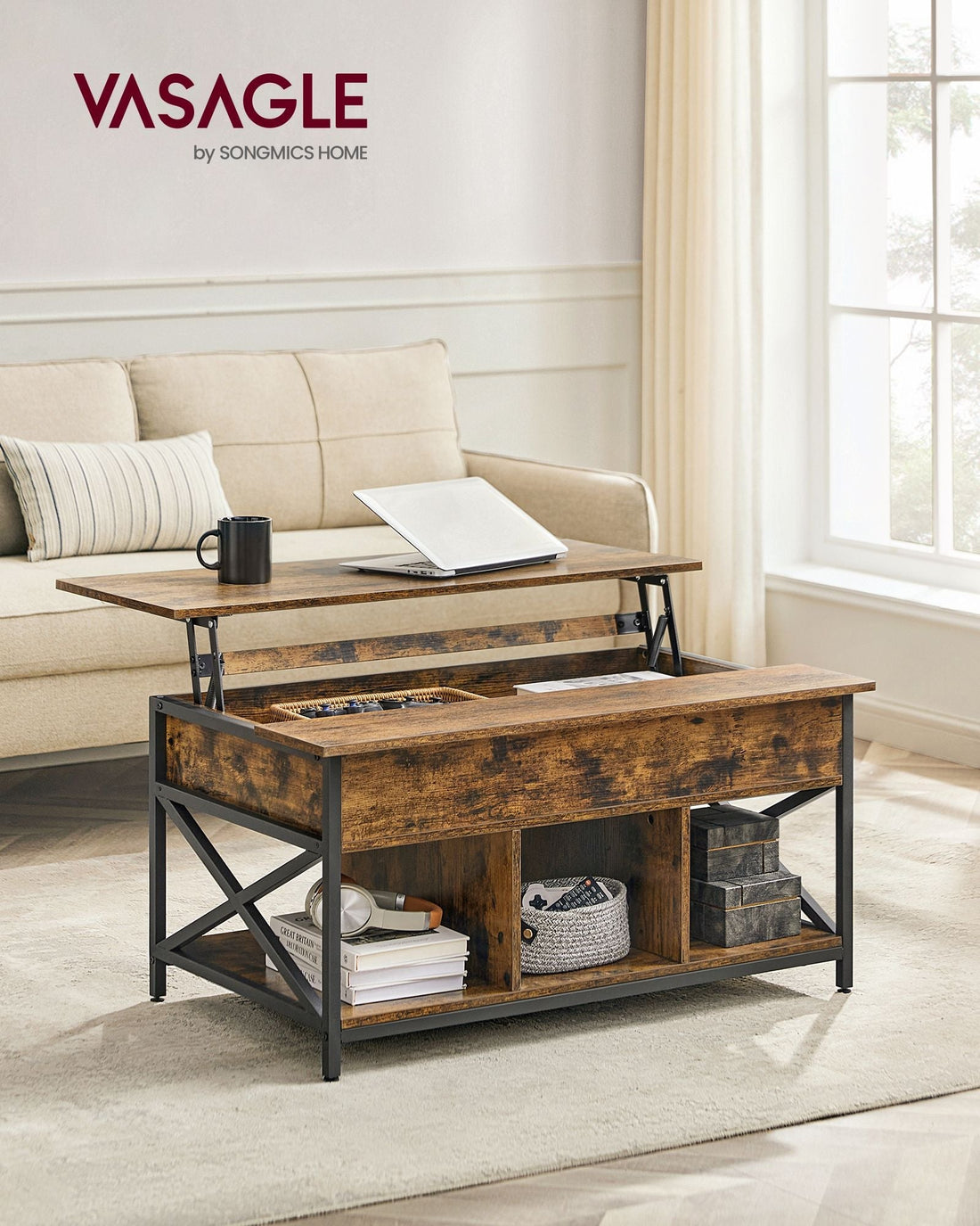 Vintage salontafelset bruin-zwart met opbergplank - spaanplaat en staal - 60 x 100 x 62 cm