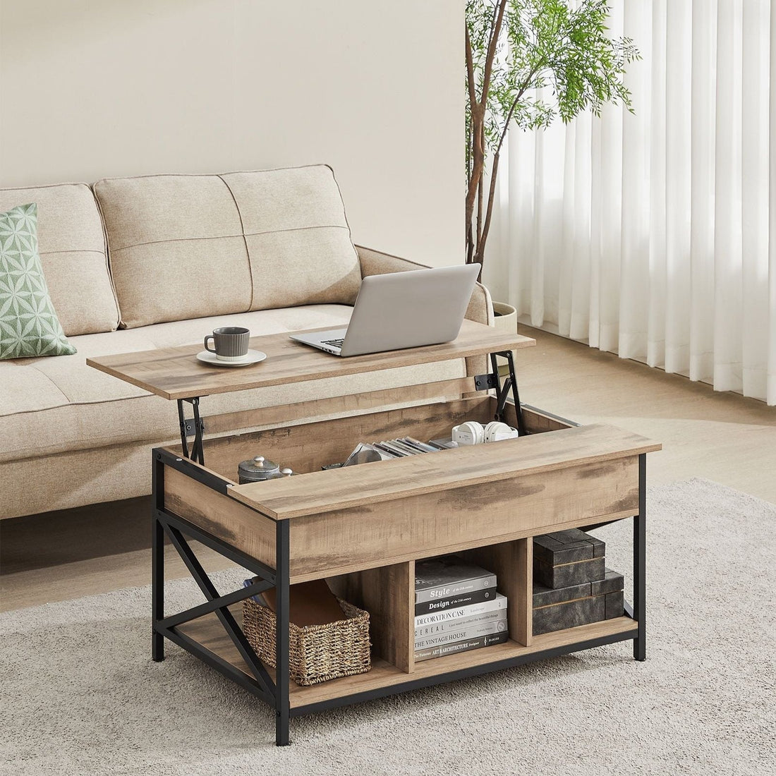 Salontafel 2 niveaus, verstelbaar - spaanplaat/staal - camelbruin/zwart - 60x100x48-62 cm