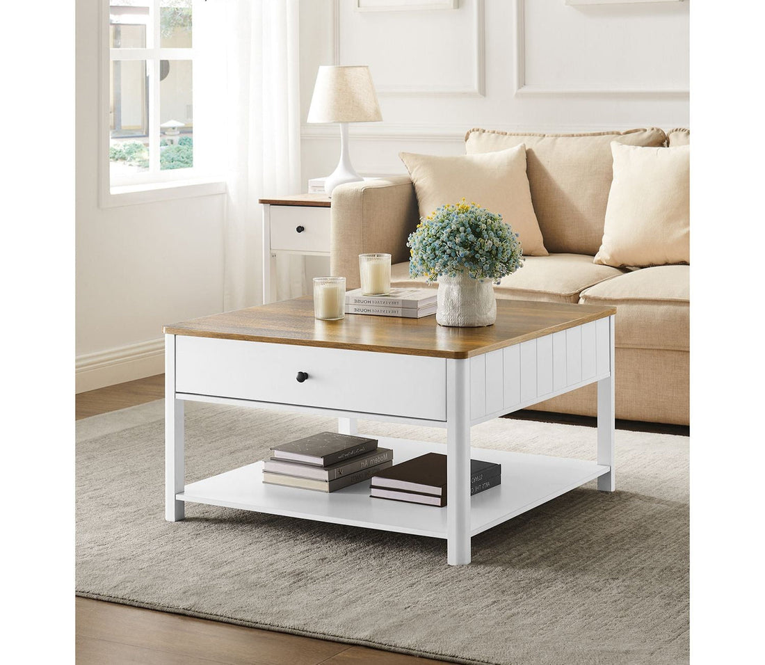 Couchtisch mit 2 Schubladen - Spanplatte und MDF - 80 x 80 x 45 cm - braun-weiß