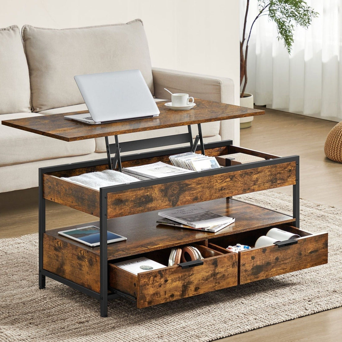 Verstelbare salontafel vintage bruin-inktzwart - spaanplaat en staal - 50 x 100 cm
