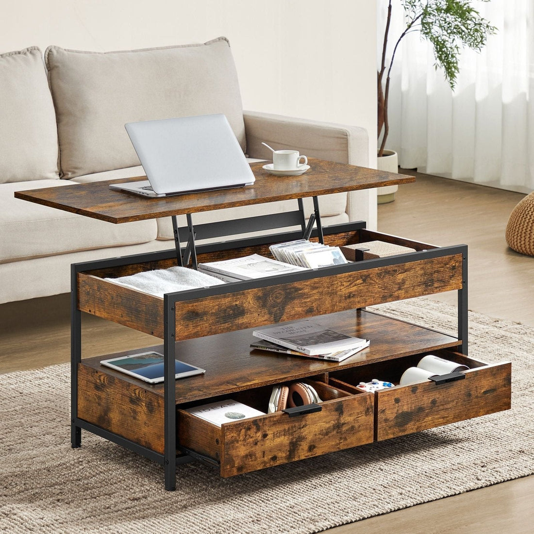 Verstelbare vintage salontafel bruin-zwart - spaanplaat en staal - 50 x 100 cm - 48-63 cm