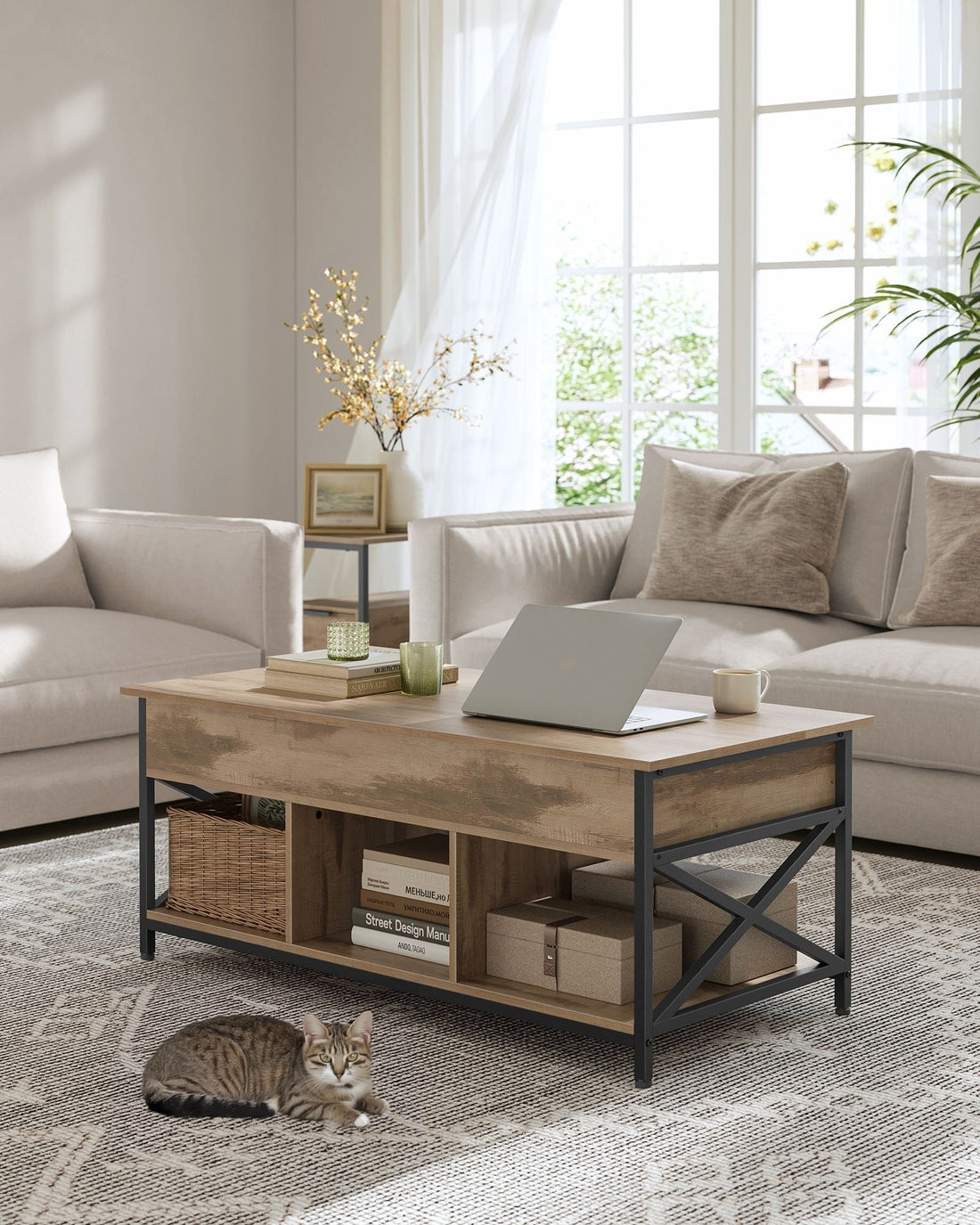 Couchtisch mit Schubladen, Ablagefach, verstellbarer Höhe, Spanplatte & Stahl, 50 x 100 x 48-63 cm