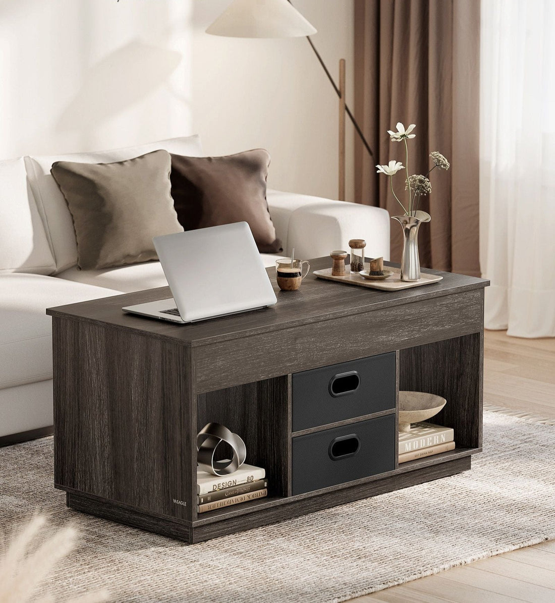 Salontafel met 2 lades, asbruin - staal & spaanplaat - 50 x 100 x 48/62,3 cm