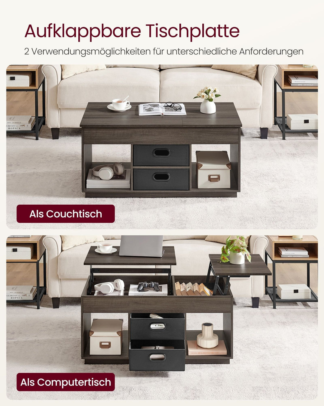 Bruine salontafel met 2 lades, opbergvakken, ruimtebesparend, 50 x 100 x 48/62,3 cm